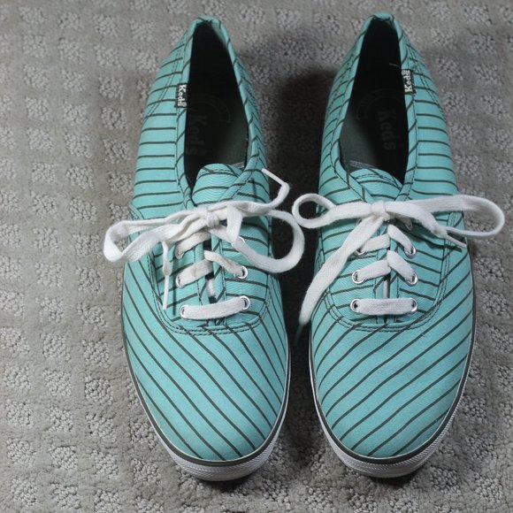 Classic Iconic Keds Size 9.5 Aqua with Brown Stripes Canvas Sneakers - Picture 2 of 6